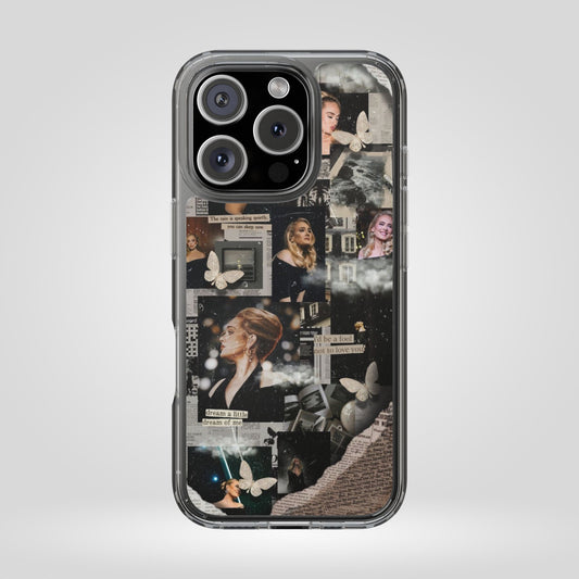 Adele Aesthetic Clear Phone Case with Butterfly Collage Design