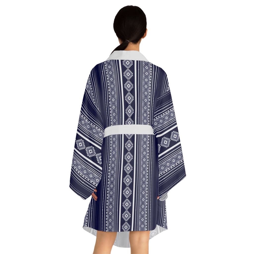 Navy Blue Patterned Long Sleeve Kimono Robe - Stylish Homewear for Relaxation & Celebrations - Roe Creation