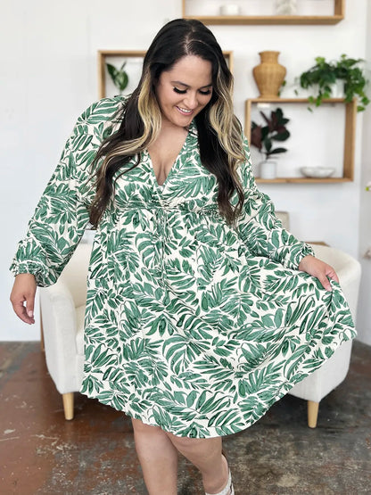Double Take Full Size Printed Ruched Balloon Sleeve Dress - Roe Creation