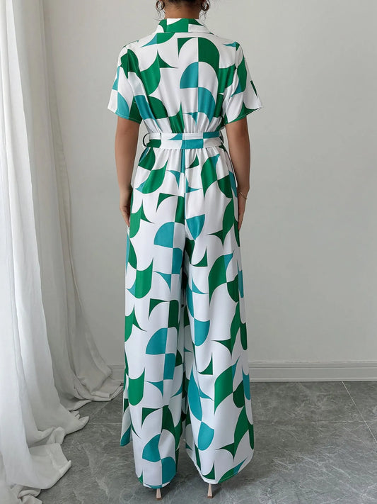 Printed Wide Leg Belted Jumpsuit - Roe Creation