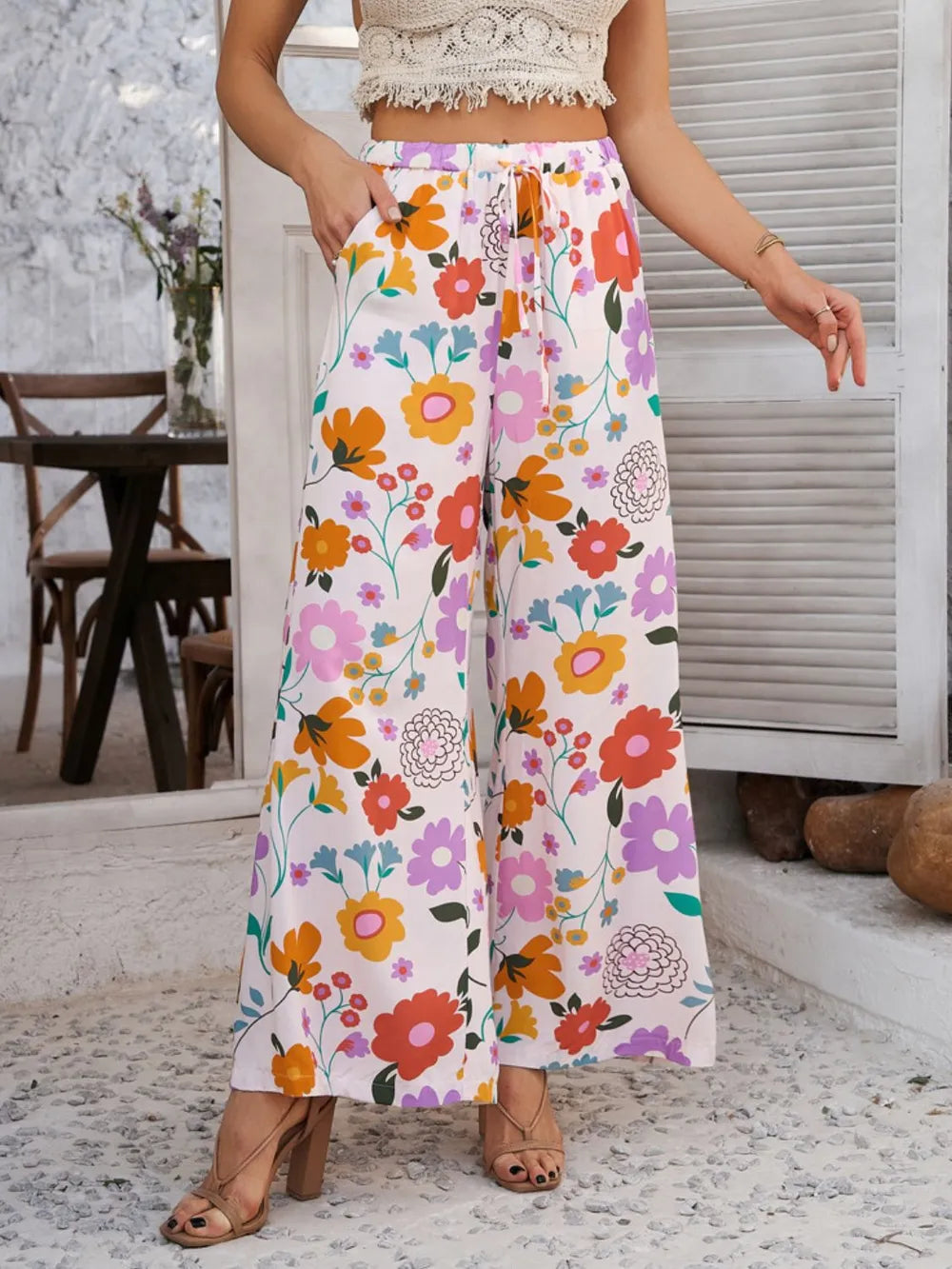 Devine Drawstring Printed Wide Leg Pants - Roe Creation