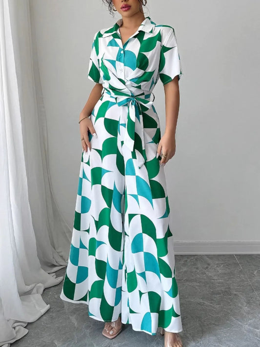 Printed Wide Leg Belted Jumpsuit - Roe Creation