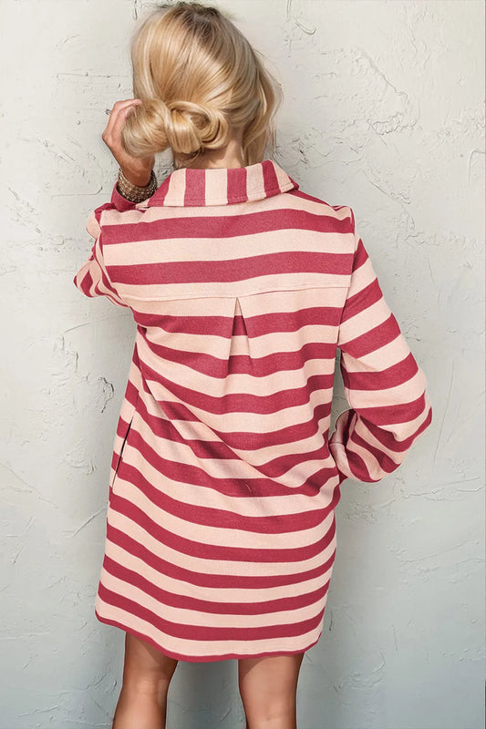 Double Take Full Size Striped Contrast Collared Neck Long Sleeve Dress - Roe Creation