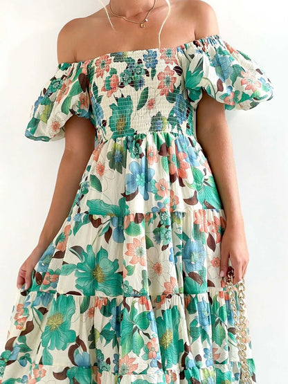 Floral Smocked Puff Sleeve Tiered Dress - Roe Creation