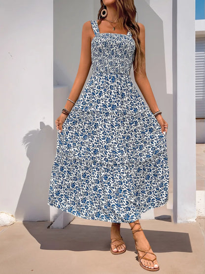 Frill Trim Printed Square Neck Midi Cami Dress - Roe Creation