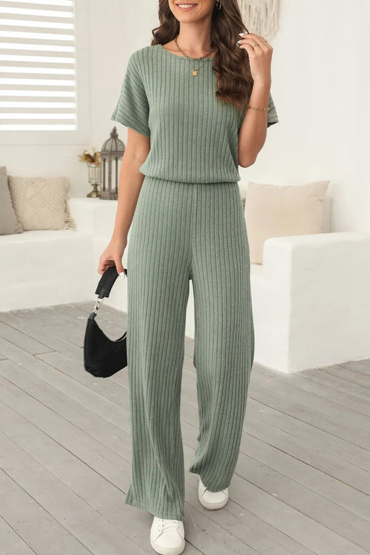 Ribbed Short Sleeve Wide Leg Jumpsuit - Roe Creation