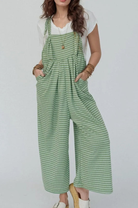 Casual Gingham Wide Leg Overalls - Roe Creation