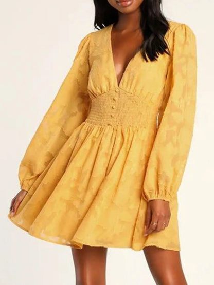 Smocked V-Neck Balloon Sleeve Dress - Roe Creation