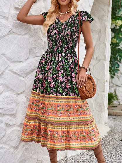 Printed Round Neck Cap Sleeve Dress - Roe Creation