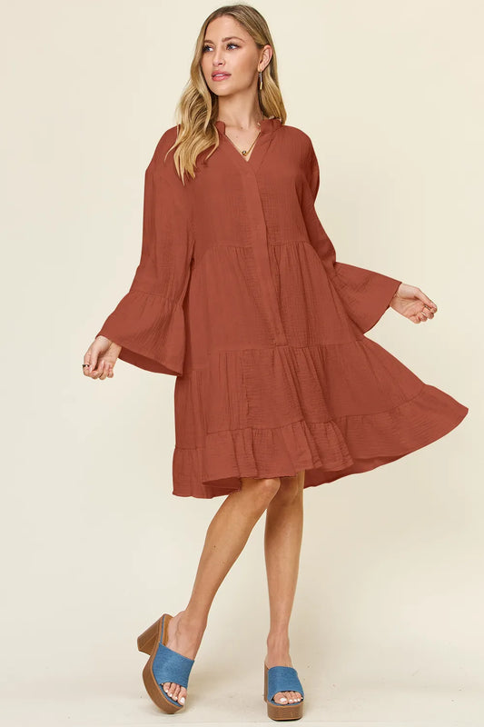Double Take Full Size Texture Button Up Ruffle Hem Dress - Roe Creation