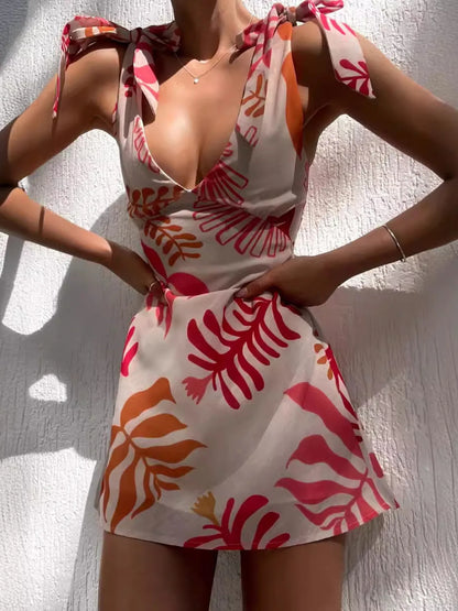 Printed Tie-Shoulder Mini Dress - Roe Creation