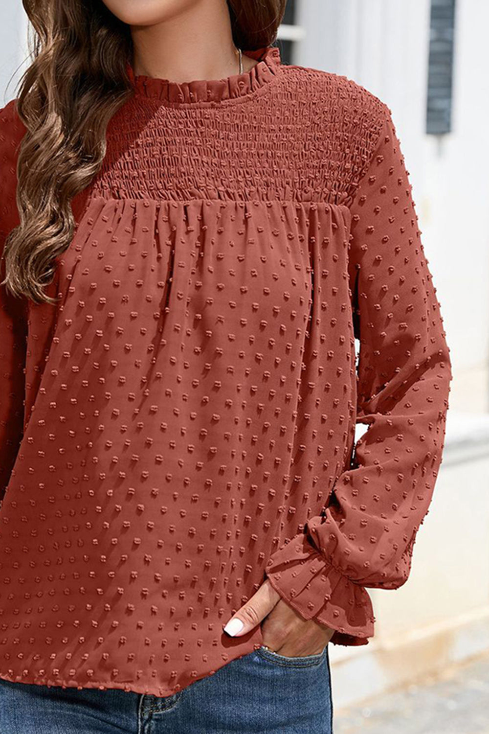Smocked Swiss Dot Mock Neck Top – Elegant Sheer Blouse for Women - Roe Creation