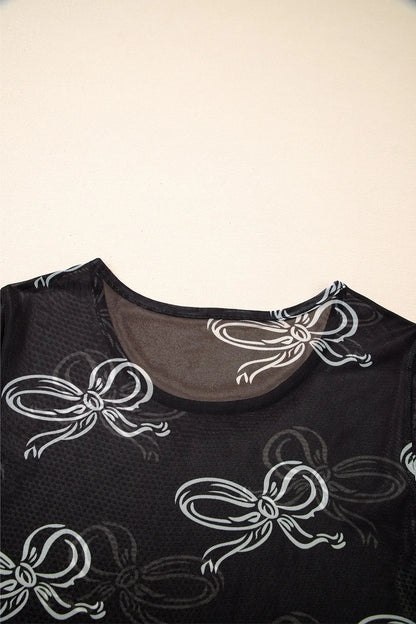 Bow Mesh Round Neck Short Sleeve T-Shirt - Roe Creation