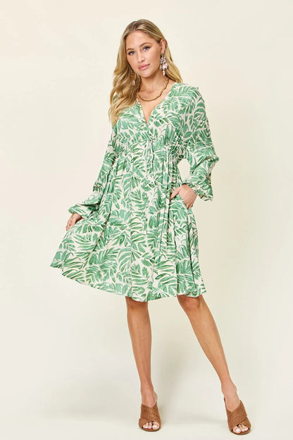 Double Take Full Size Printed Ruched Balloon Sleeve Dress - Roe Creation