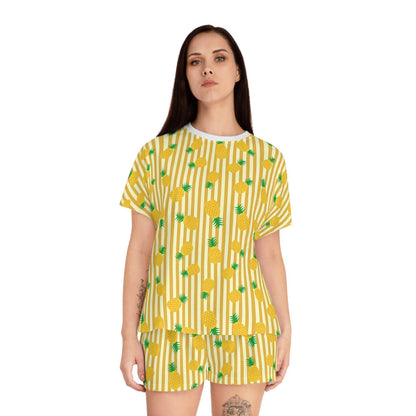 Pineapple Print Women's Short Pajama Set, Cute Summer Sleepwear, Tropical - Roe Creation