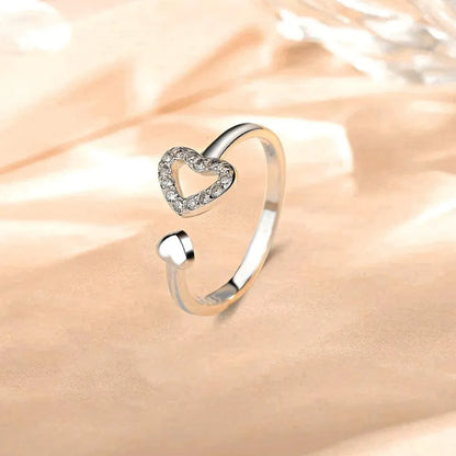 925 Sterling Silver Inlaid Zircon Heart Open Ring - Roe Creation