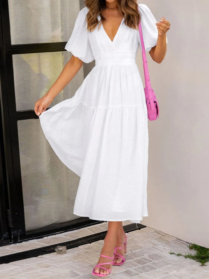 V-Neck Puff Sleeve Midi Dress - Roe Creation