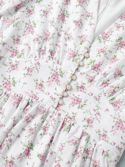 Floral Print Balloon Sleeve Dress - Roe Creation