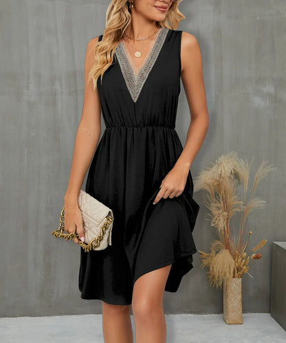 V-Neck Sleeveless Midi Dress with Lace Trim - Roe Creation