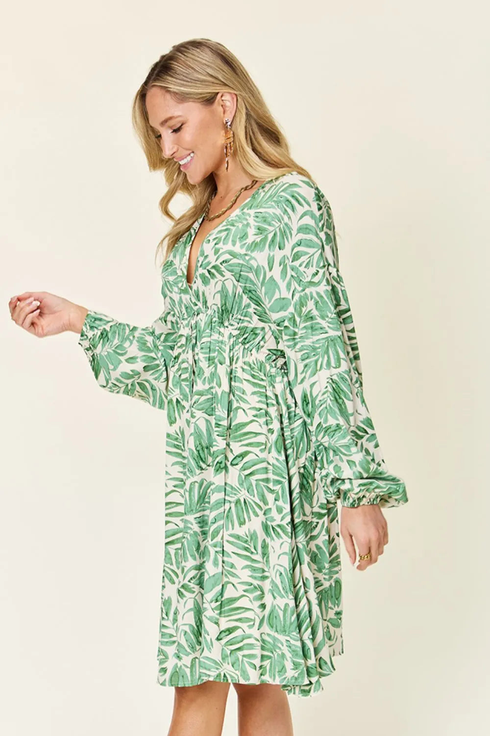 Double Take Full Size Printed Ruched Balloon Sleeve Dress - Roe Creation