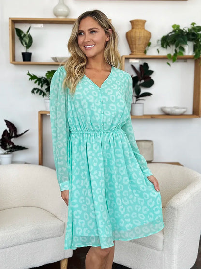 Double Take Full Size Printed Ruched V-Neck Long Sleeve Dress - Roe Creation