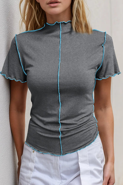 Basic Bae Contrast Trim Mock Neck Short Sleeve T-Shirt - Roe Creation