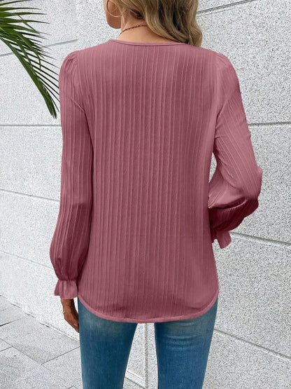V-Neck Blouse with Lace Detail and Flounce Sleeves - Roe Creation