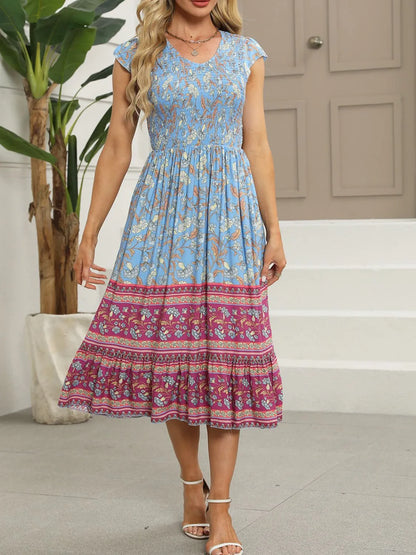Printed Round Neck Cap Sleeve Dress - Roe Creation