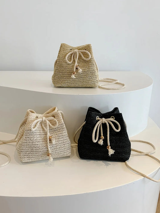 Straw Braided Bucket Bag with Drawstring Closure - Roe Creation