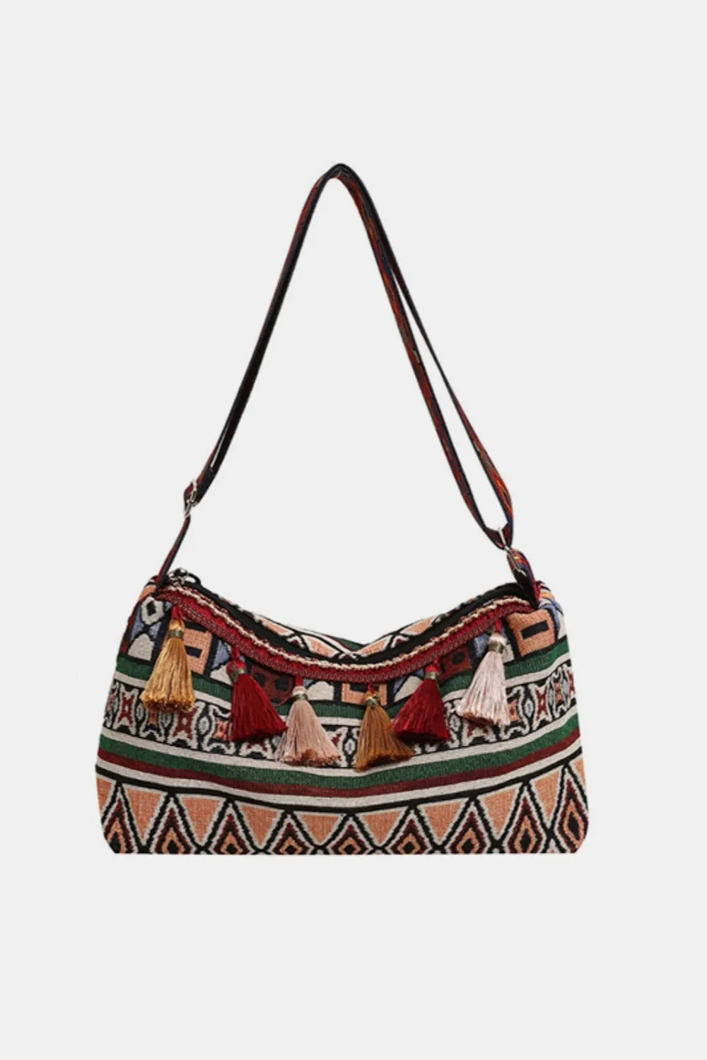 Retro Patterned Shoulder Bag with Tassel and Adjustable Strap - Roe Creation