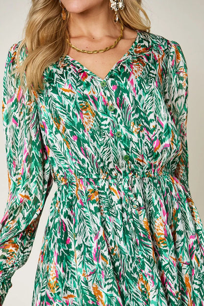 Double Take Full Size Printed Drawstring Waist Long Sleeve Dress - Roe Creation