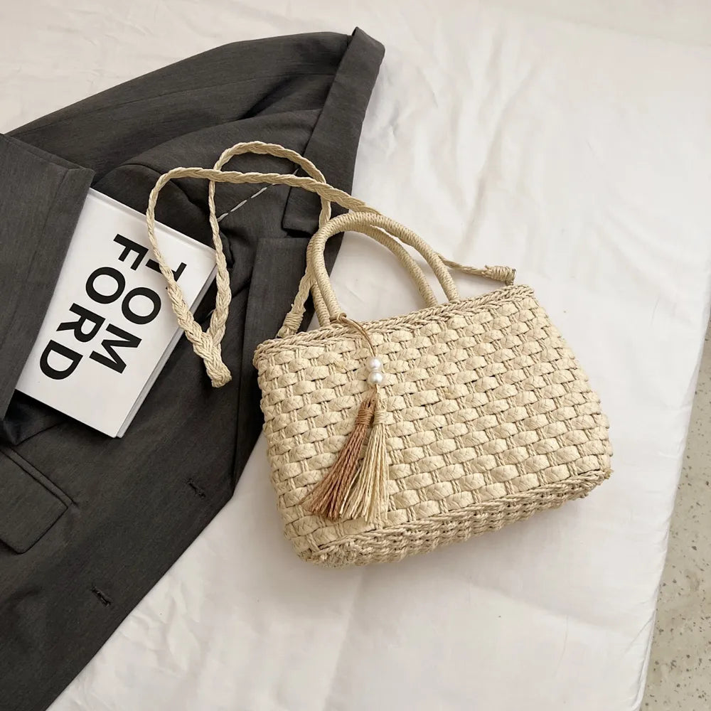 Braided Strap Paper Weave Shoulder Bag - Roe Creation
