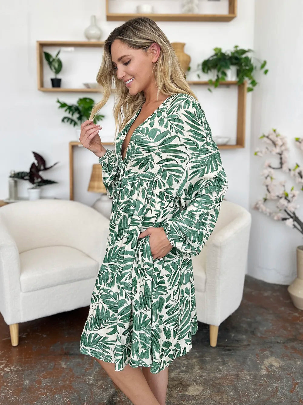 Double Take Full Size Printed Ruched Balloon Sleeve Dress - Roe Creation