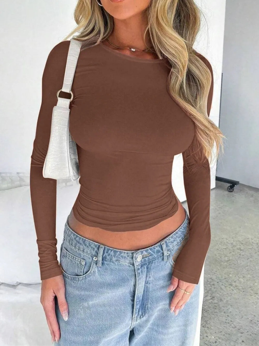 Solid Color Round Neck Long Sleeve T-Shirt - Roe Creation