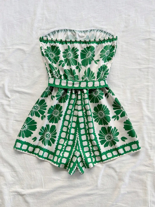 Printed Tube Tie Waist Romper - Roe Creation