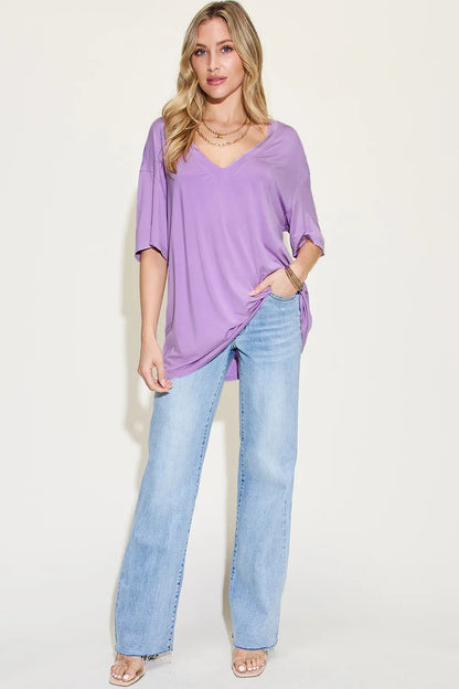 Basic Bae Full Size Bamboo V-Neck Drop Shoulder T-Shirt - Roe Creation