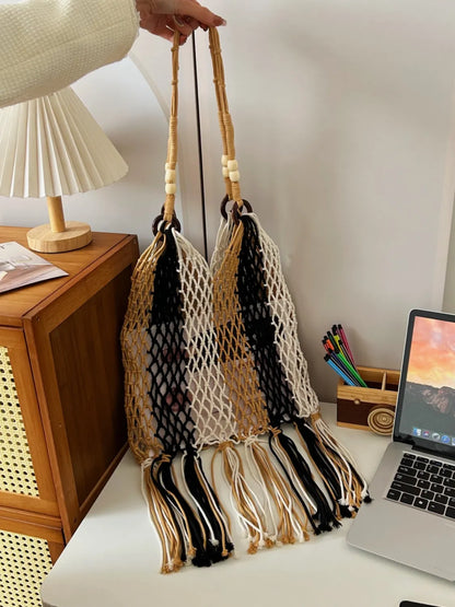 Woven Fringe Shoulder Bag with Wooden Handle - Roe Creation