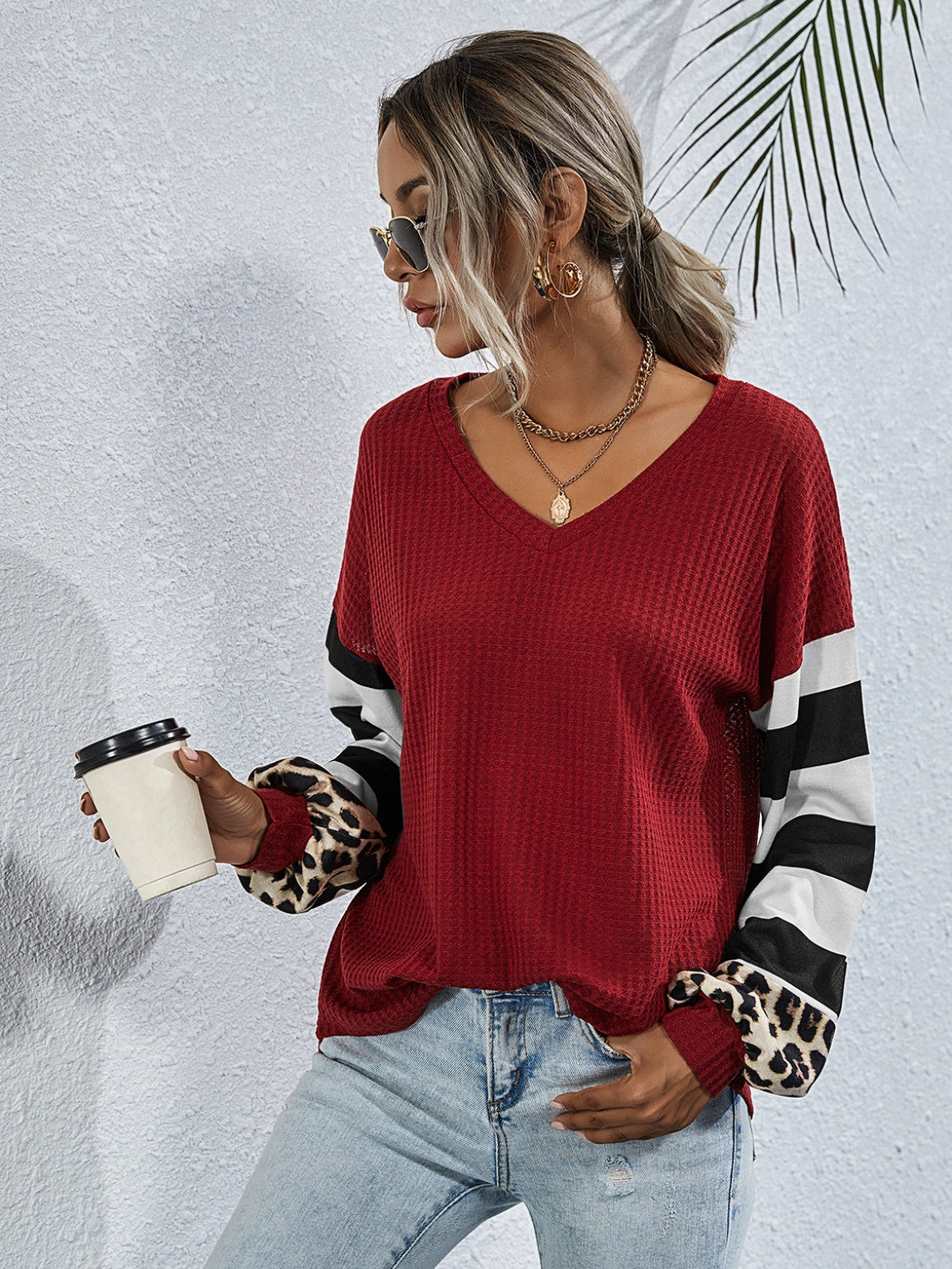 Women’s Leopard Striped Waffle-Knit Top – Stylish Casual Wear - Roe Creation