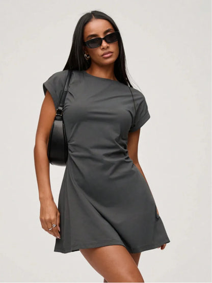 Round Neck Short Sleeve Mini Tee Dress - Roe Creation