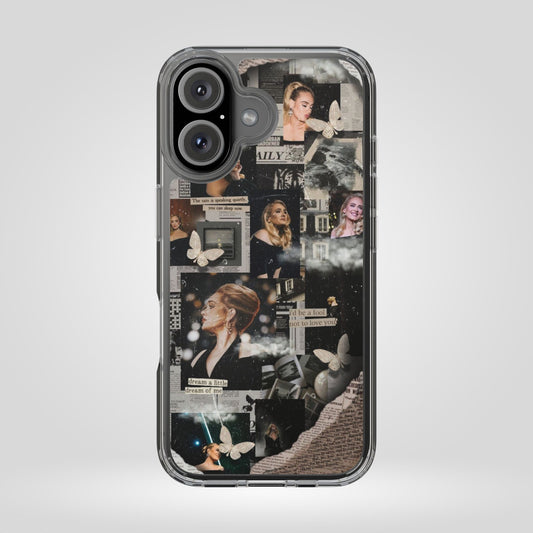 Adele Aesthetic Clear Phone Case with Butterfly Collage Design