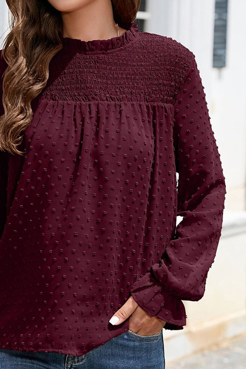 Smocked Swiss Dot Mock Neck Top – Elegant Sheer Blouse for Women - Roe Creation