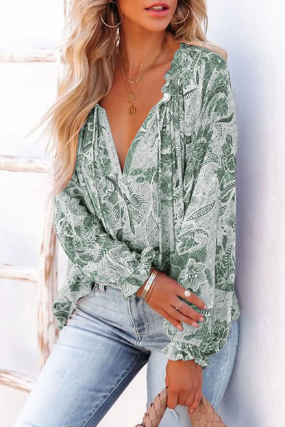 Women’s Floral Tie Neck Blouse with Flounce Sleeves – Elegant Spring Top - Roe Creation