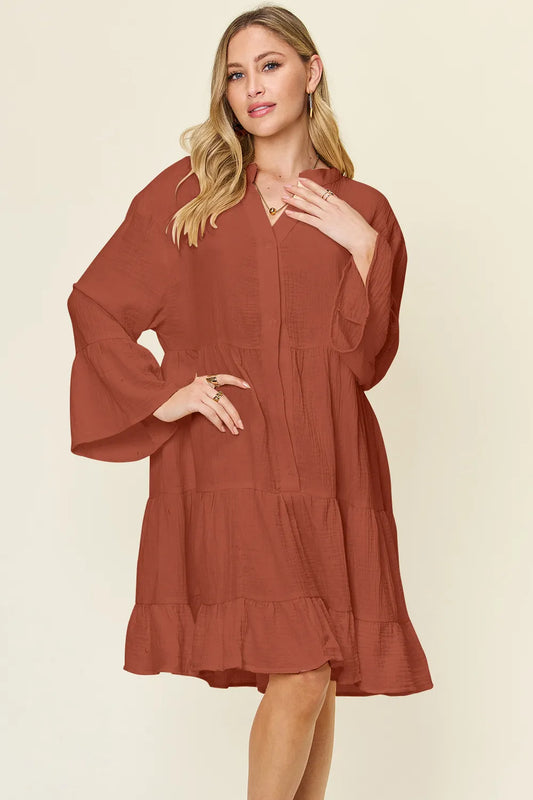 Double Take Full Size Texture Button Up Ruffle Hem Dress - Roe Creation