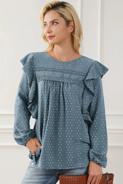 Women’s Round Neck Ruffled Blouse with Lace Detail – Elegant Casual Top - Roe Creation