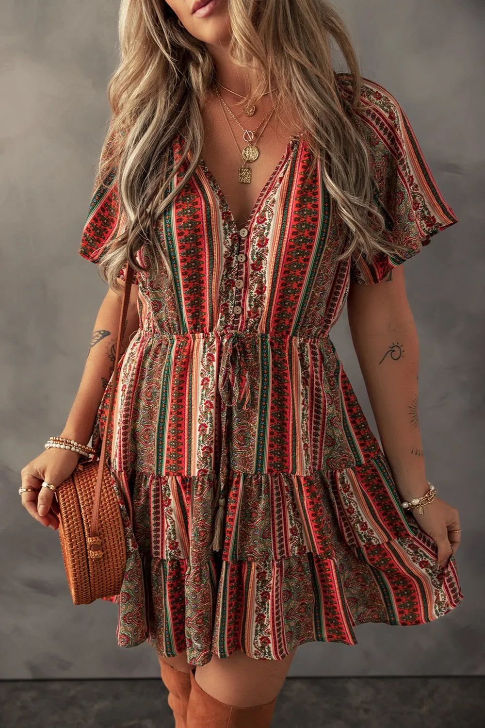 Bohemian Floral Print Buttoned V Neck Ruffle Tiered Dress - Roe Creation