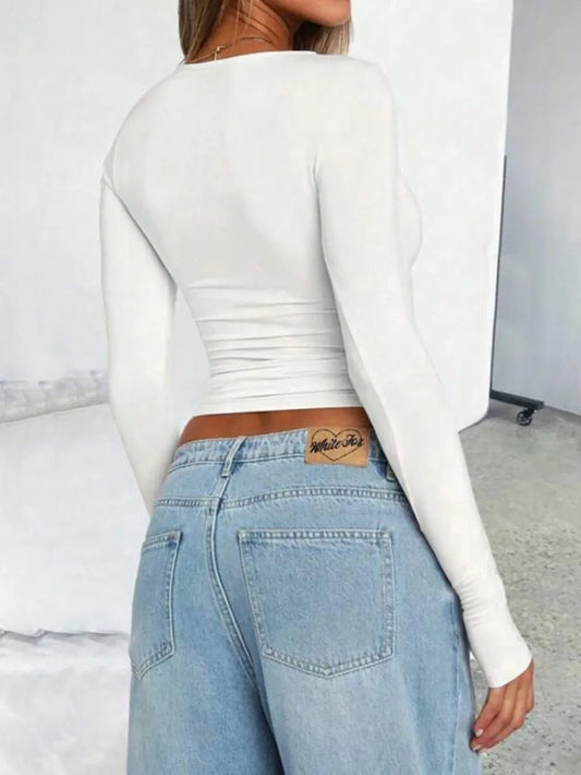 Solid Color Round Neck Long Sleeve T-Shirt - Roe Creation