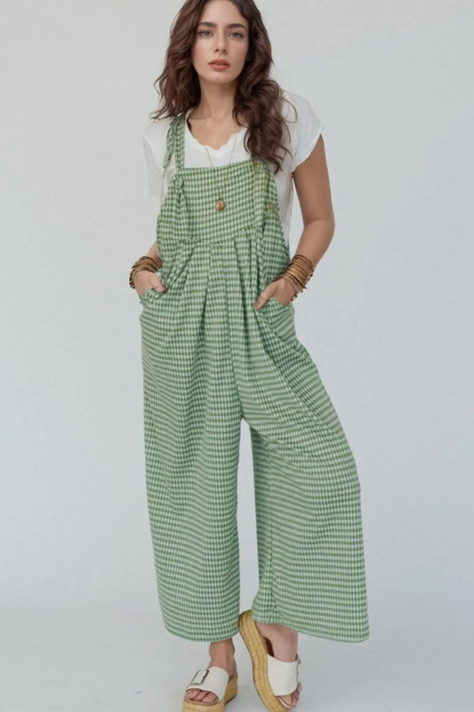Casual Gingham Wide Leg Overalls - Roe Creation
