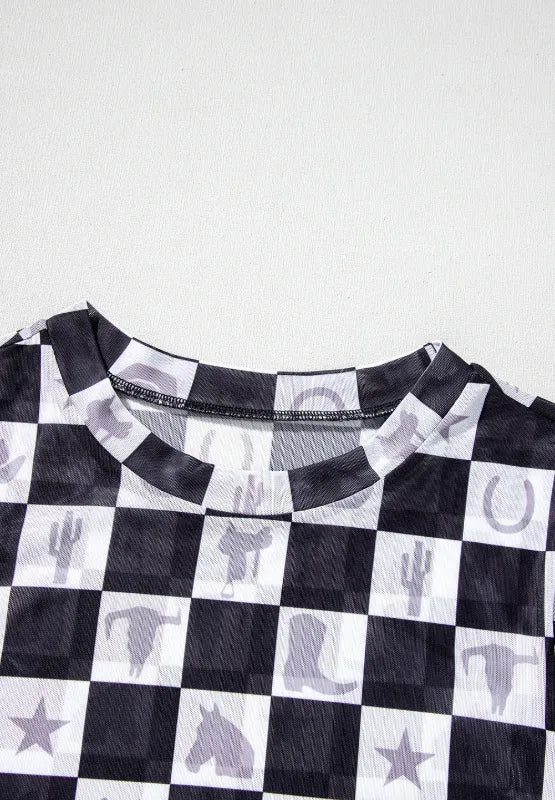 Checkered Mock Neck Long Sleeve Top - Roe Creation