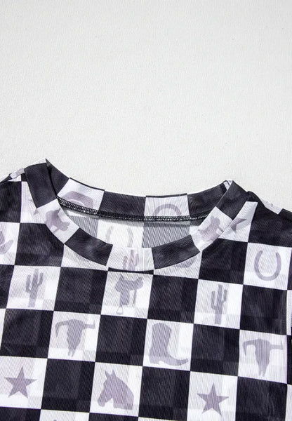 Checkered Mock Neck Long Sleeve Top - Roe Creation