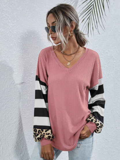 Women’s Leopard Striped Waffle-Knit Top – Stylish Casual Wear - Roe Creation